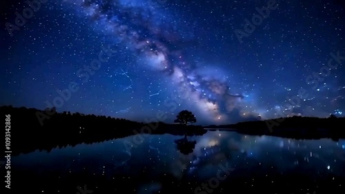 surreal timelapse of a perfectly still, mirror-like lake reflecting the entire night sky. The Milky Way arches over the scene, and faint shooting stars streak across the heavens. 