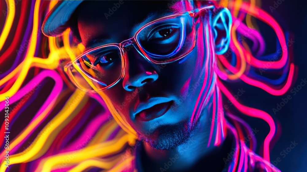 Studio portrait with neon art lighting, creative patterns of glowing lines forming a colorful background Studio portrait with neon art lighting, creative patterns of glowing lines forming a colorful background