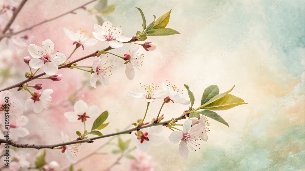 Fototapeta premium pastel watercolor background with scattered floral stems and leaves in soft focus, subtle hues, flower motifs, natural elements, watercolor background