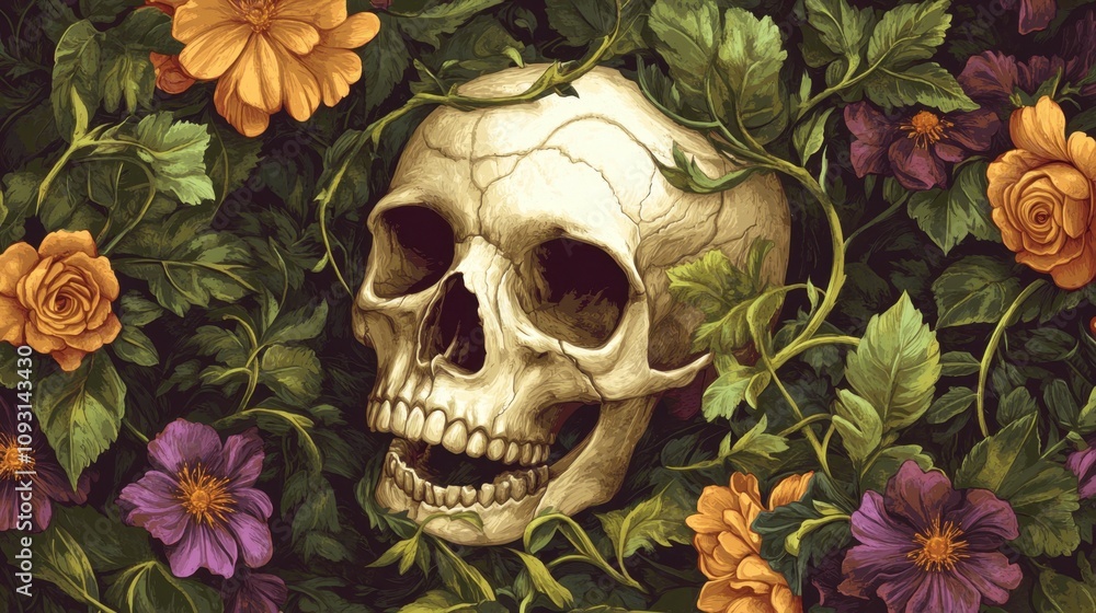 A Sinister Yet Beautiful Still Life of a Skull Surrounded by Lush Greenery and Colorful Blossoms Exhibiting the Paradox of Life and Death in Nature's Embrace A Sinister Yet Beautiful Still Life of a Skull Surrounded by Lush Greenery and Colorful Blossoms Exhibiting the Paradox of Life and Death in Nature's Embrace