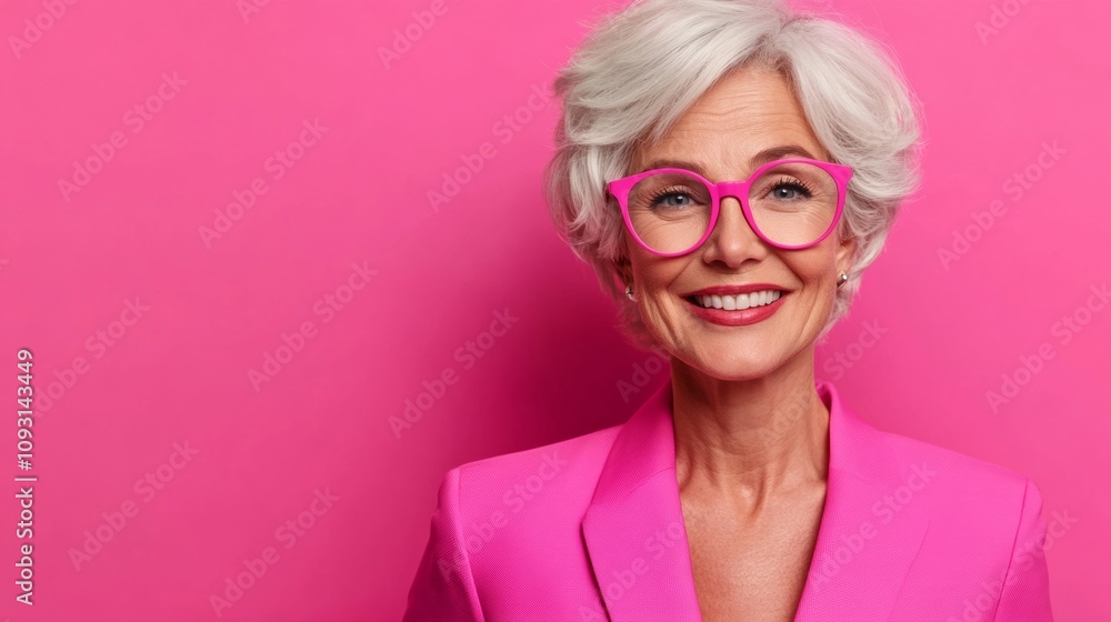Woman with pink glasses and a pink suit is smiling. She has a cheerful and confident demeanor Woman with pink glasses and a pink suit is smiling. She has a cheerful and confident demeanor