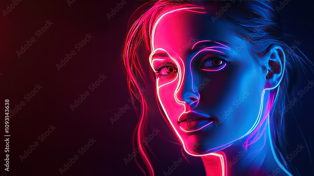 Studio portrait with neon silhouette lighting, creating a glowing outline against a dark, flat background Studio portrait with neon silhouette lighting, creating a glowing outline against a dark, flat background