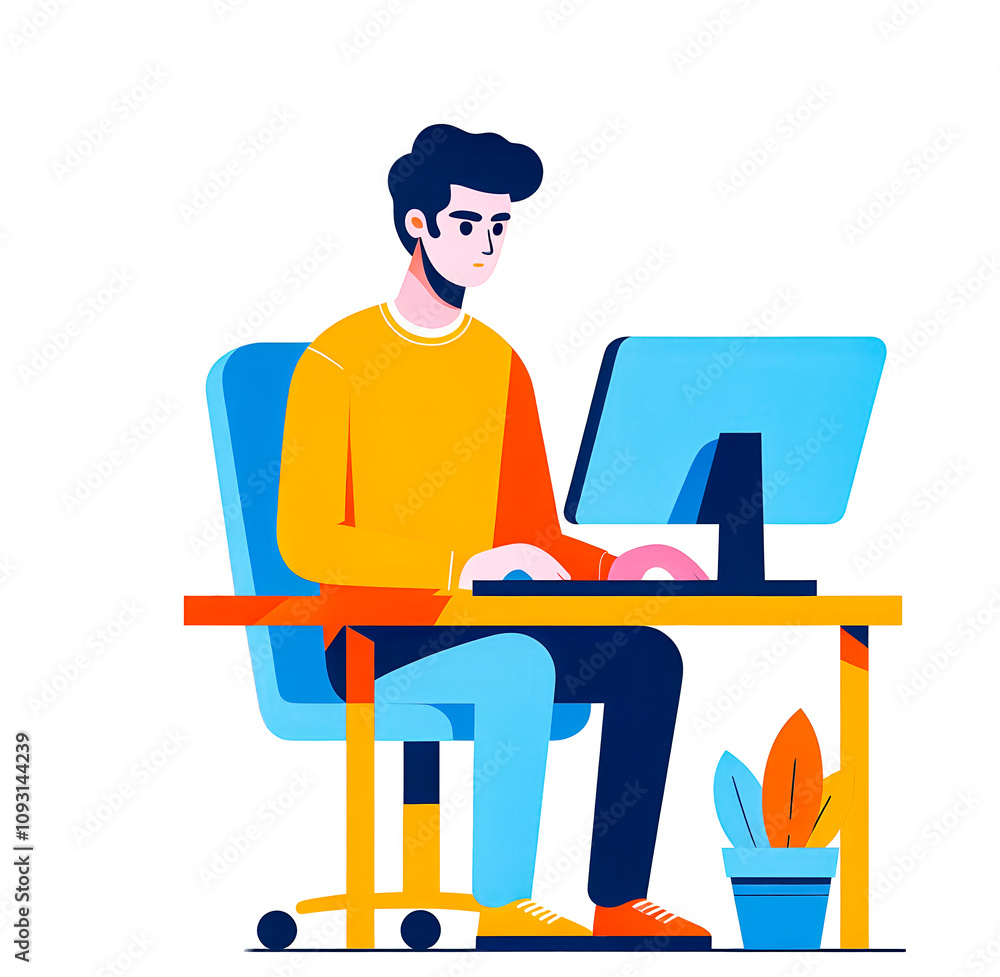 Isolated vector illustration of young man using computer to do design work in work from home concept on white background. Isolated vector illustration of young man using computer to do design work in work from home concept on white background.