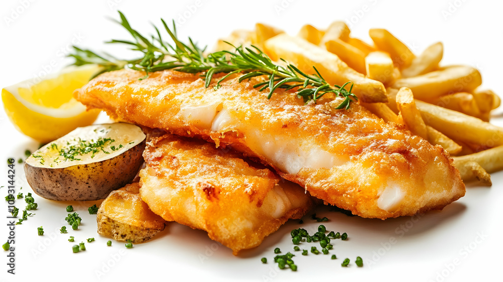 Photo Crispy Fried Fish French Fries Lemon Wedges Rosemary Garnish Photo Crispy Fried Fish French Fries Lemon Wedges Rosemary Garnish