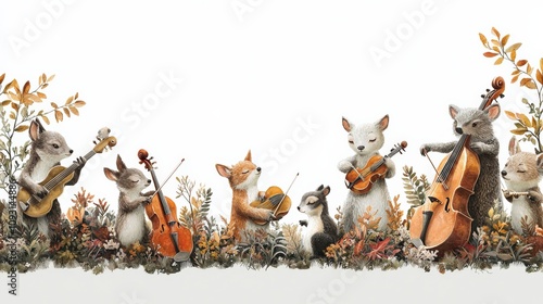Fototapeta Naklejka Na Ścianę i Meble -  A whimsical scene featuring adorable animals playing various musical instruments amidst colorful foliage.