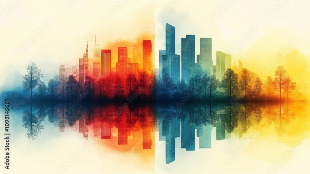 Fototapeta premium Abstract urban landscape featuring a gradient cityscape split into warm tones on the left and cool tones on the right, with trees and a reflective water surface