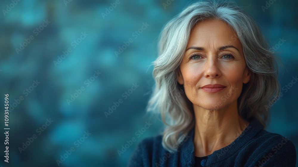 Woman with gray hair is smiling and looking at the camera. She is wearing a blue sweater and has a blue background behind her Woman with gray hair is smiling and looking at the camera. She is wearing a blue sweater and has a blue background behind her