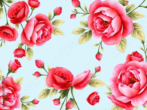 Wallpaper Mural Red roses and pink peony flowers intertwined in a beautiful watercolor design against a soft blue background, entwined flowers, red roses Torontodigital.ca