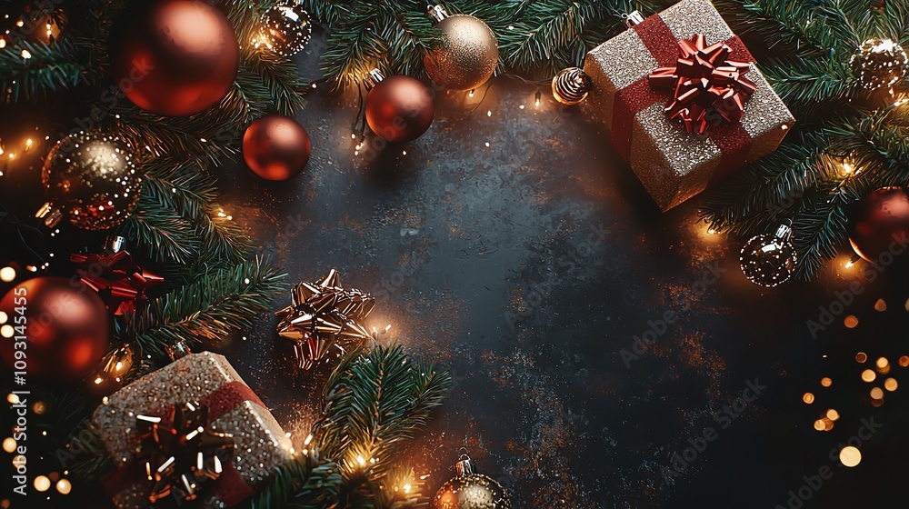Festively adorned Christmas backdrop with holiday decorations Festively adorned Christmas backdrop with holiday decorations
