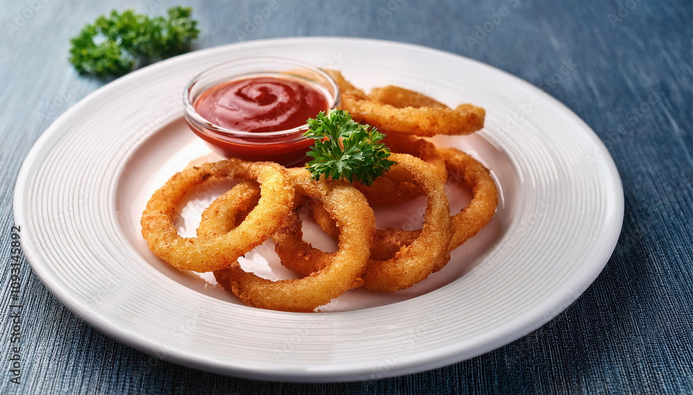 Crispy Fried Onion Rings Served with Tomato Sauce and Parsley on Gray Surface Crispy Fried Onion Rings Served with Tomato Sauce and Parsley on Gray Surface