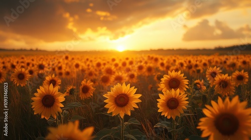 Vibrant Sunflower Fields at Sunset with Golden Light and Dramatic Clouds Creating a Serene Atmosphere, Perfect for Nature and Landscape Photography Lovers