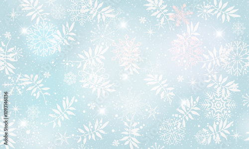 Vector hand drawn seamless gentle winter pattern with snowflakes and leaves and spots on a blue background