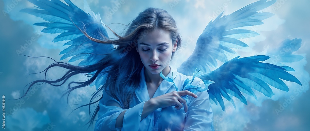 Fototapeta premium Creative female portrait. Female face and butterfly wings in blue tones.