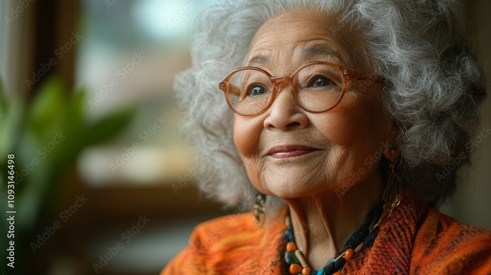 Woman with glasses and a red sweater is smiling. She is looking out the window. The scene is peaceful and warm Woman with glasses and a red sweater is smiling. She is looking out the window. The scene is peaceful and warm