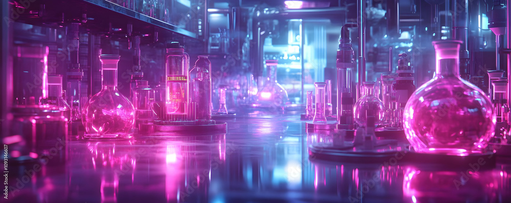 3D Illustration - Neon Laboratory Scene Beakers and Flasks