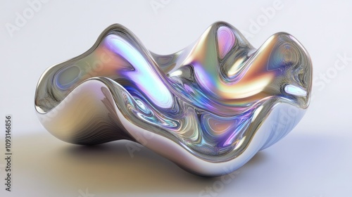 Wavy metallic abstract form with iridescent tones, rendered in 3D with intricate details and soft lighting