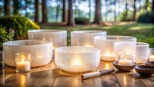 White crystal singing bowls arranged on a wooden surface with flickering candles and a wooden mallet for sound healing photo