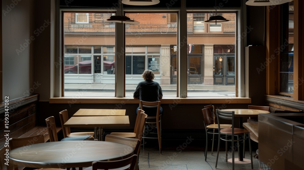 A Solitary figure in modern empty cafe, staring out window with distant look, symbolizing social loneliness and introspection in urban life. A Solitary figure in modern empty cafe, staring out window with distant look, symbolizing social loneliness and introspection in urban life.