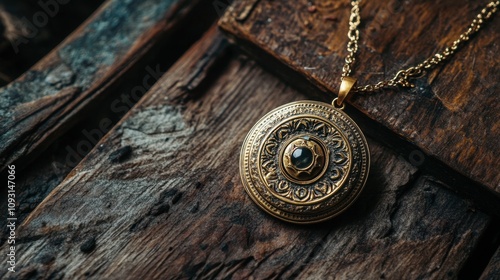 Vintage Gold Pendant Necklace with Intricate Design and Black Stone on Rustic Wooden Background for Fashion and Jewelry Photography