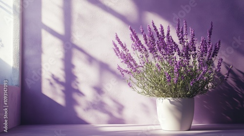 Beautiful lavender bouquet in a modern white pot against a soft purple wall, casting shadows through sunlight, ideal for home decor and relaxation themes photo