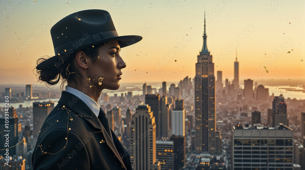 Double exposure of businessman against bright city skyline in evening light, double image ghost effect, image combination, double exposure style Double exposure of businessman against bright city skyline in evening light, double image ghost effect, image combination, double exposure style