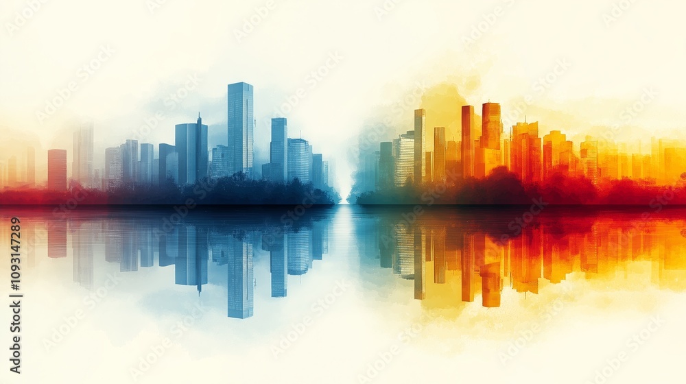 Naklejka premium Symmetrical cityscape with vibrant blue and orange gradient reflections in a modern abstract design