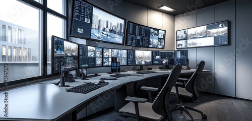 Security control room designed for surveillance with multiple screens and a simple desk.