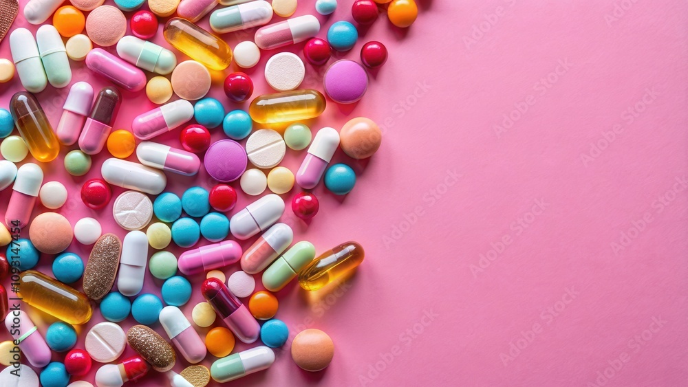 A vibrant collection of colorful capsules and tablets, scattered across a soft pink background, creating a visual representation of medication and health A vibrant collection of colorful capsules and tablets, scattered across a soft pink background, creating a visual representation of medication and health