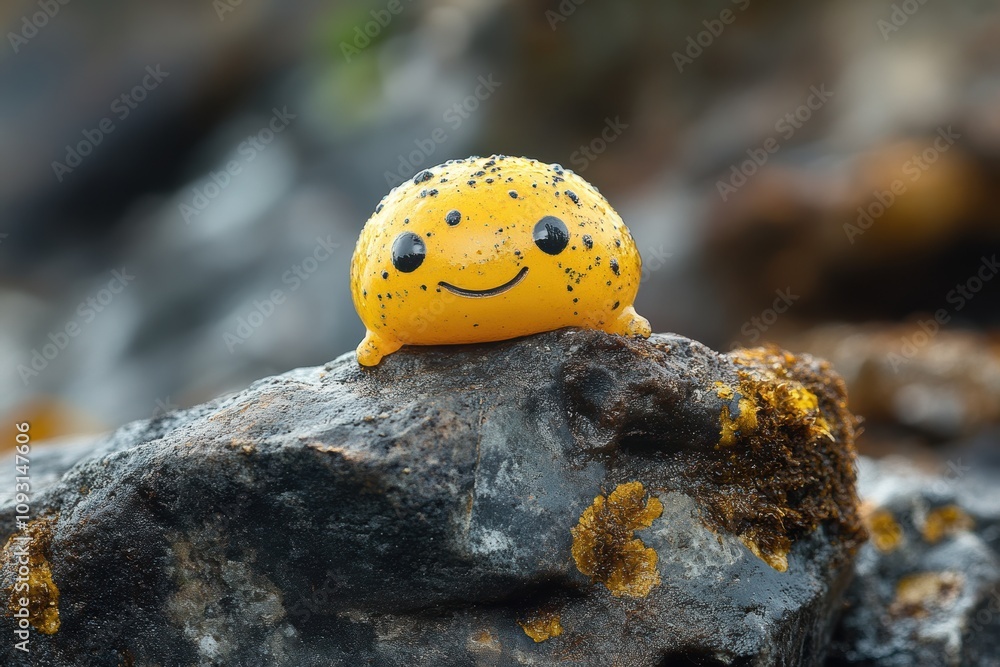 A cute and cheerful yellow blobfish sits atop a rock, showcasing its unique, round form with a happy expression in its natural habitat by the sea A cute and cheerful yellow blobfish sits atop a rock, showcasing its unique, round form with a happy expression in its natural habitat by the sea