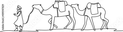 Camels in desert one line art vector