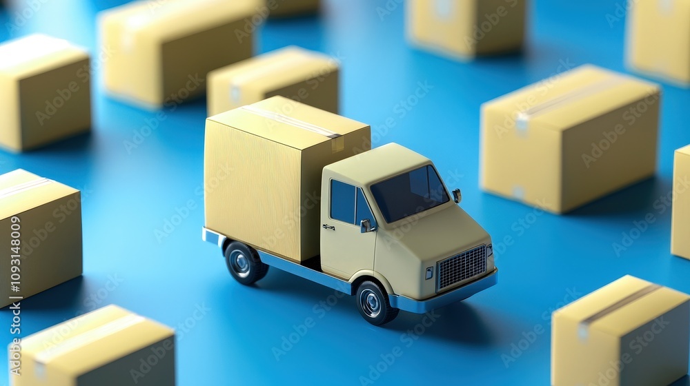 Delivery truck surrounded by cardboard boxes on a blue background, highlighting logistics and distribution. Delivery truck surrounded by cardboard boxes on a blue background, highlighting logistics and distribution.