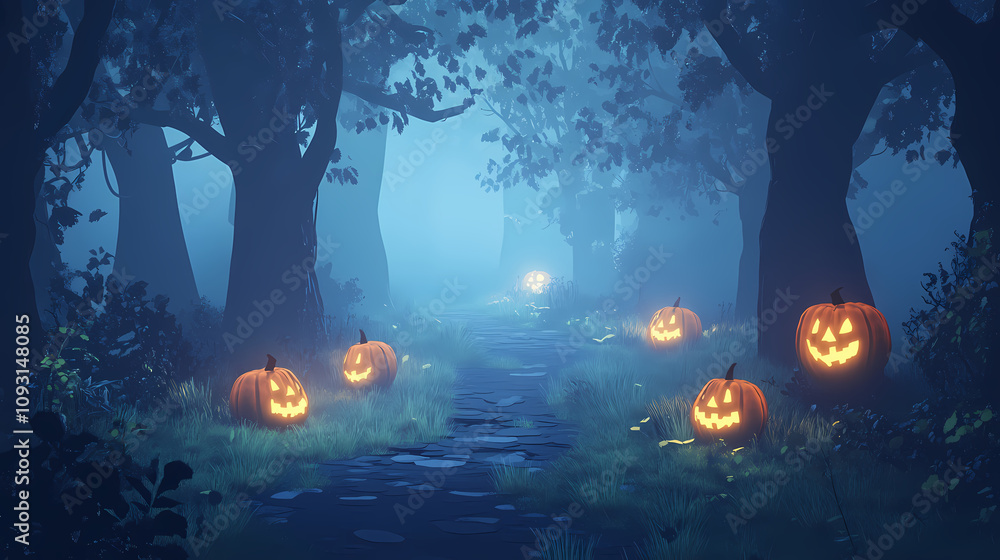 Haunted forest path lined with floating jack-o-lanterns glowing fog. Shadowy Forest Spirits. Illustration Haunted forest path lined with floating jack-o-lanterns glowing fog. Shadowy Forest Spirits. Illustration