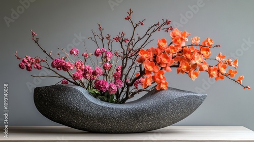 A stunning arrangement of vibrant orange orchids and pink flowers in a uniquely shaped black stone vase on a wooden surface against a neutral background photo