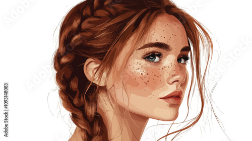 Beautiful Girl with Freckles and Braided Hair Looking Away