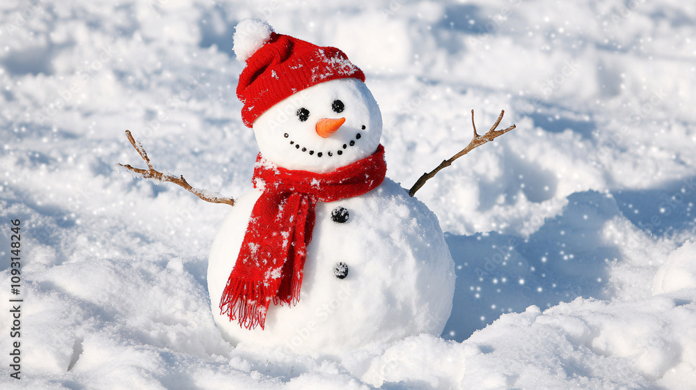 Merry christmas and happy new year greeting card with copy-space.Happy snowman standing in winter christmas landscape.Snow background
Merry christmas and happy new year greeting card with copy-space.Happy snowman standing in winter christmas landscape.Snow background