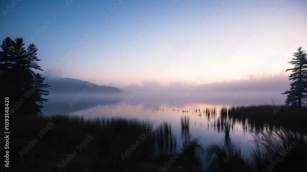 serene lake with silhouetted trees and mist, misty surroundings, natural beauty