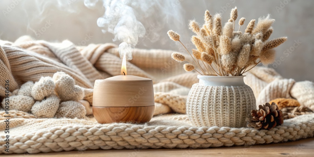 Cozy Fall Interior Decor with a Burning Candle, Knitted Blanket, and Dried Flowers in a Knitted Vase Cozy Fall Interior Decor with a Burning Candle, Knitted Blanket, and Dried Flowers in a Knitted Vase