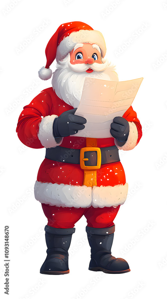 Santa Claus holding a paper wish list isolated on transparent background Santa Claus holding a paper wish list isolated on transparent background