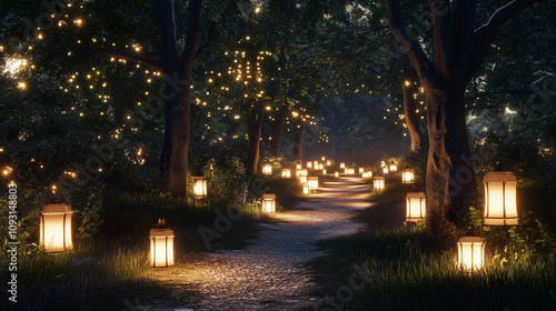 A Magical Outdoor Path Lined with White Lanterns in the Forest at Dusk 