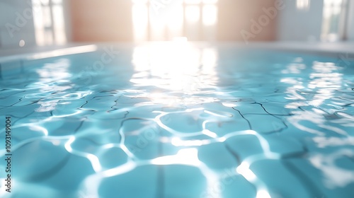 Tranquil scene of an empty swimming pool, crystal-clear water reflecting the sunlight, no ripples, soft blue tones, bright and warm afternoon light, sharp details of pool tiles,