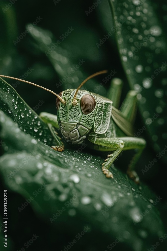 Fototapeta premium glitch, Large grasshopper grasshopper sitting on green leaf. , isolated on white background, , copy space, copy space for text,
