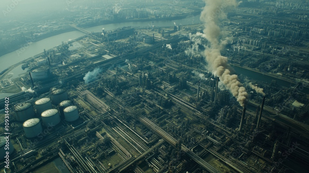 Aerial View of Industrial Complex with Smoke Emissions, Pollution Effects on Environment, and Urban Landscape in a Dense City Setting during Daylight Hours Aerial View of Industrial Complex with Smoke Emissions, Pollution Effects on Environment, and Urban Landscape in a Dense City Setting during Daylight Hours