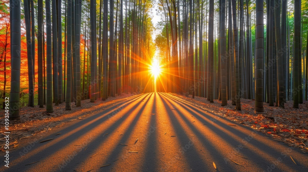 Fototapeta premium Golden sunset illuminates bamboo forest path nature scene tranquil environment serene viewpoint peaceful concept for relaxation