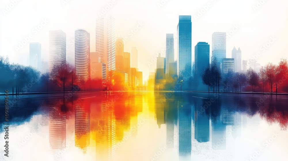 Obraz premium Modern cityscape with skyscrapers and trees reflected in a water surface, featuring a vibrant gradient of red, yellow, and blue tones blending together