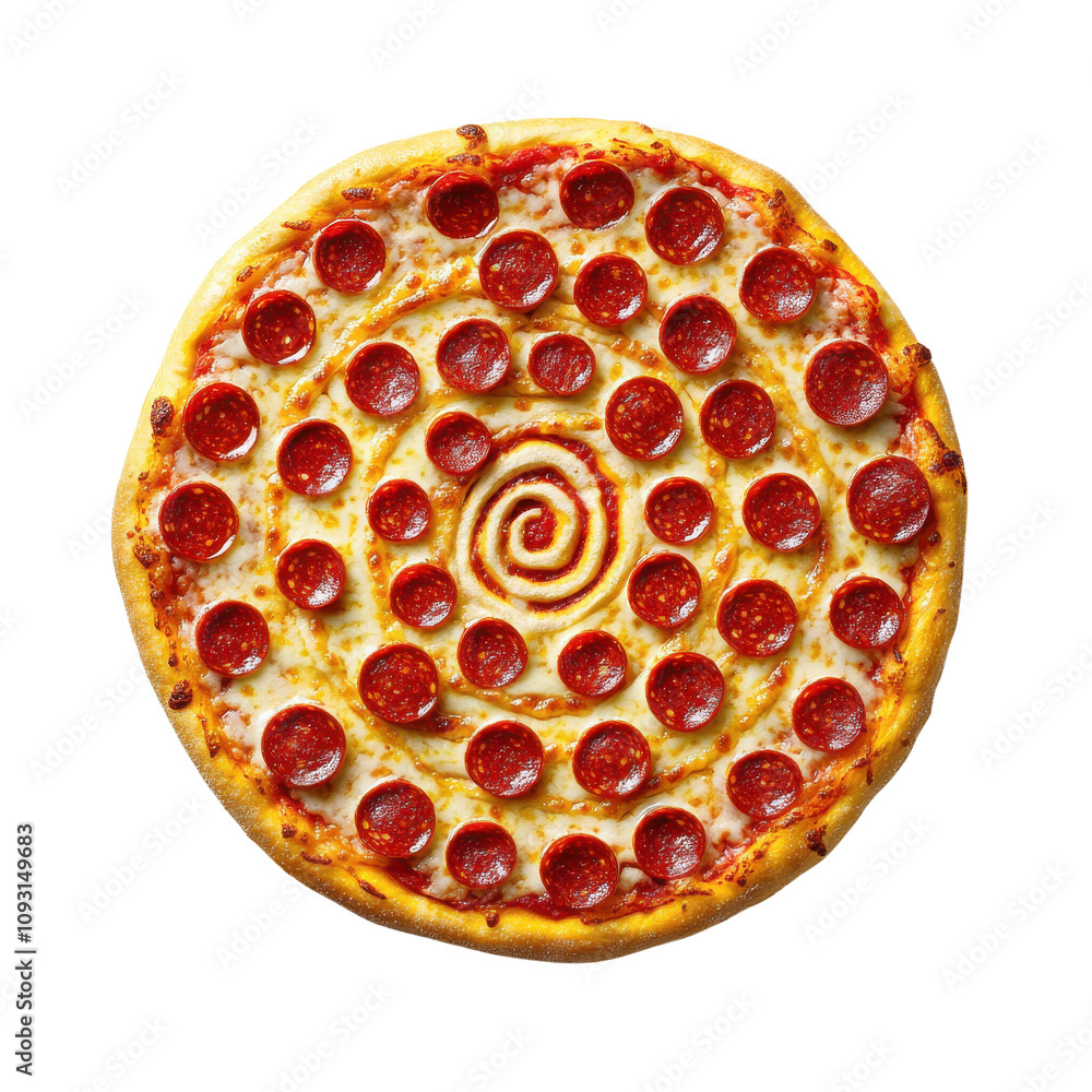 Delicious pepperoni pizza with a spiral arrangement, isolated on white background. Delicious pepperoni pizza with a spiral arrangement, isolated on white background.