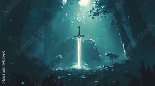A mystical sword glowing in a dark forest with shadowy creatures surrounding it. Shadowy Forest Spirits. Illustration