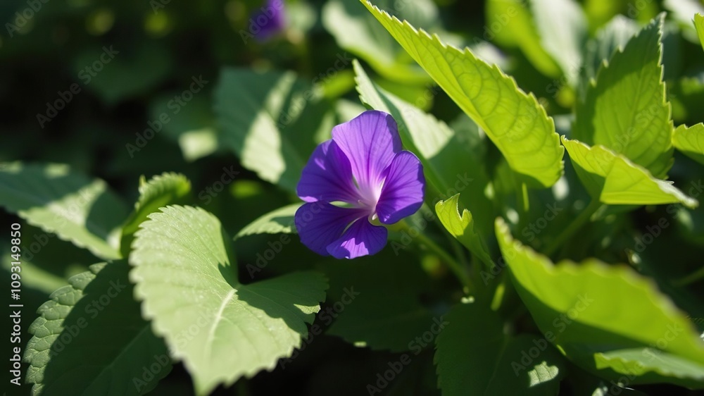 single purple flower blooming amidst green leaves in daylight, greenery backdrop, green foliage, botanical image single purple flower blooming amidst green leaves in daylight, greenery backdrop, green foliage, botanical image