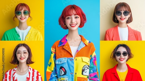 Group of women are smiling and wearing colorful clothing. The image is a collage of their faces and outfits, showcasing a variety of styles and colors. Scene is cheerful and vibrant photo