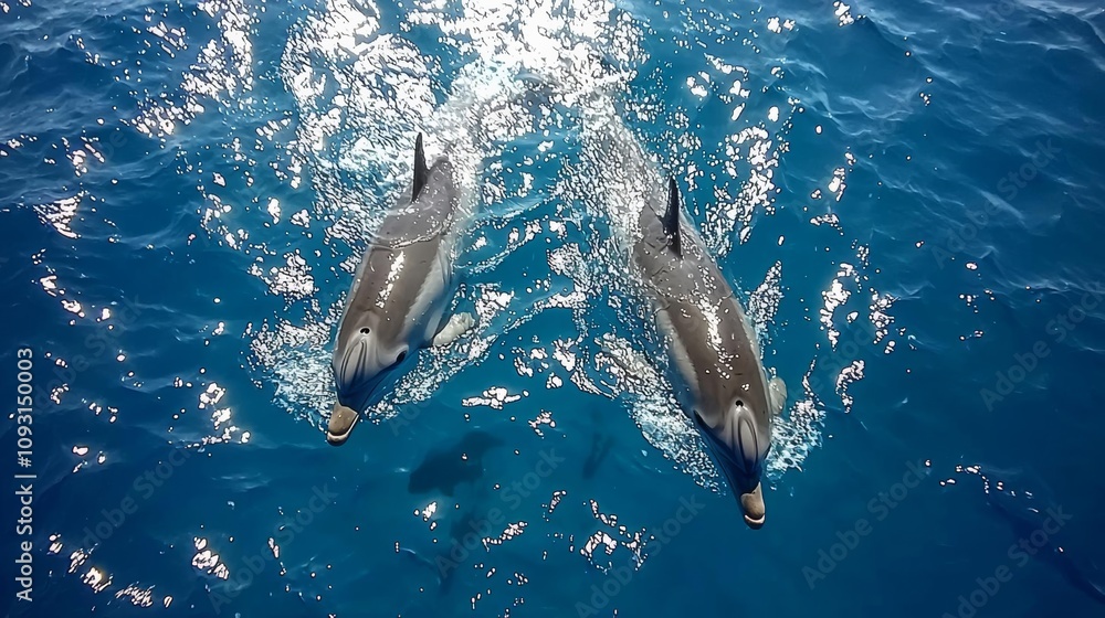 Fototapeta premium Dolphins swimming near the ship in the sea in the strait of Gibraltar