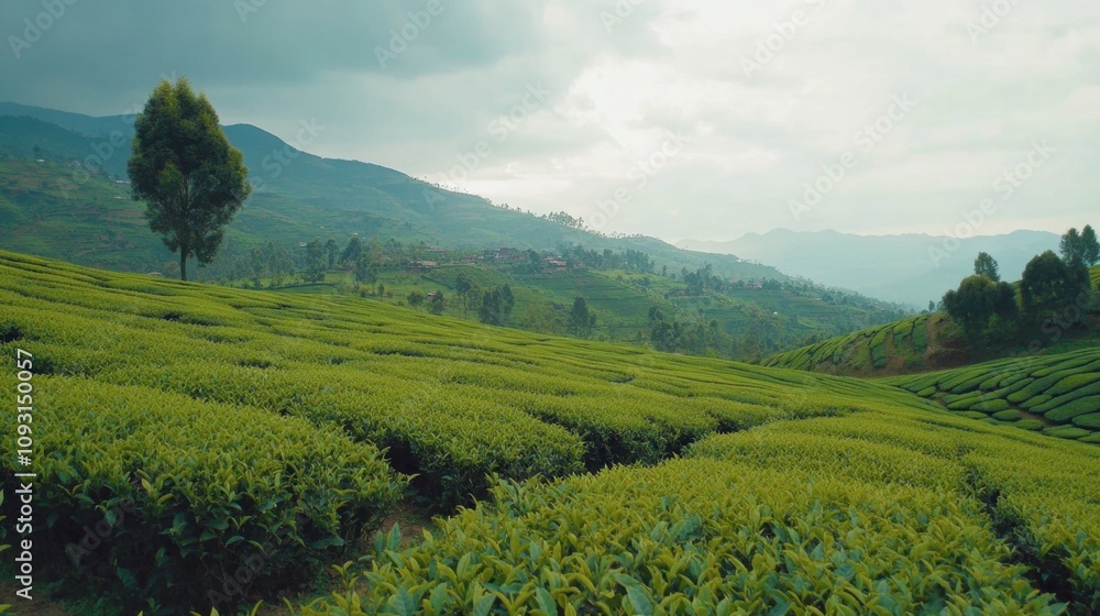 Fototapeta premium Lush Green Tea Plantations Covering Rolling Hills Under Dramatic Clouds in a Tranquil Landscape, Showcasing Nature's Beauty and Agriculture's Harmony